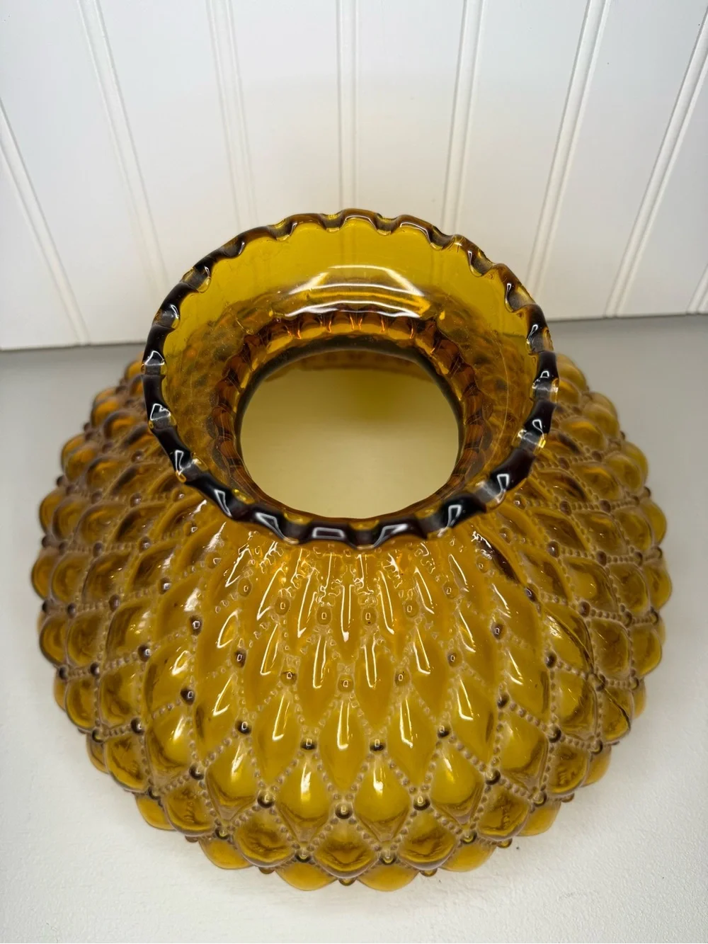 VTG Large 10” Fitter Amber Glass Hurricane Lamp Shade Diamond Quilted Ruffle